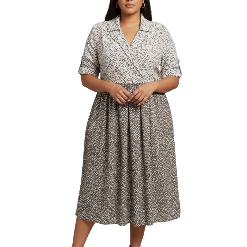 VTG Leslie Fay SILKY SHIRT DRESS Light Brown/Ivory Paisley PLEATED SURPLICE 16
